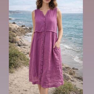 Purple Linen Dress Small Pockets Artisan NY Boho Chic Coastal Sundress Button